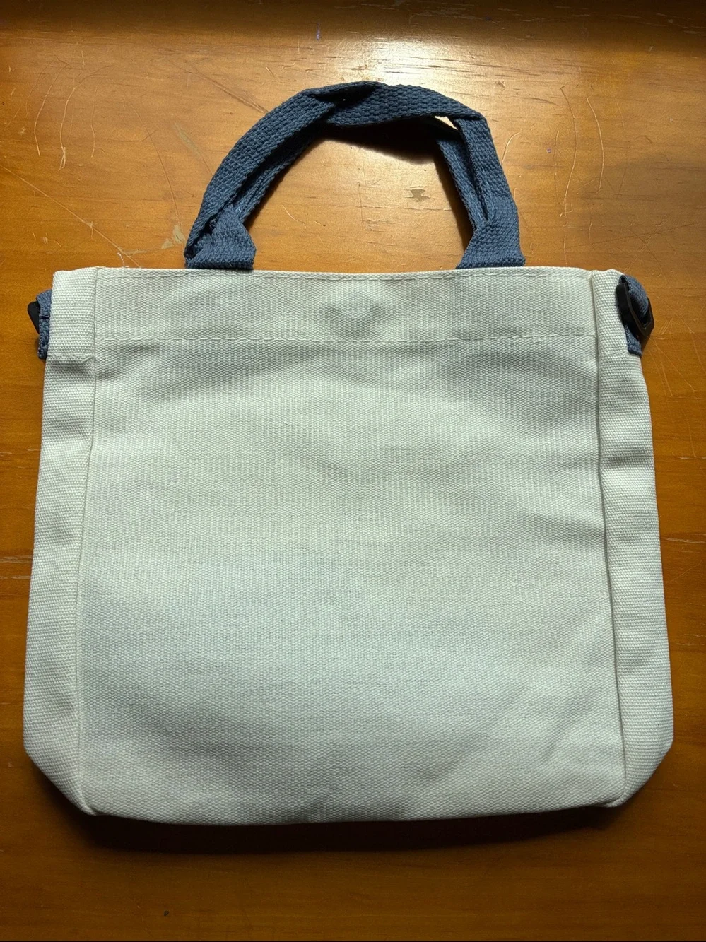 Stitch Canvas Tote in Cream with Blue Stitch Graphic. It’s a Crossbody bag too